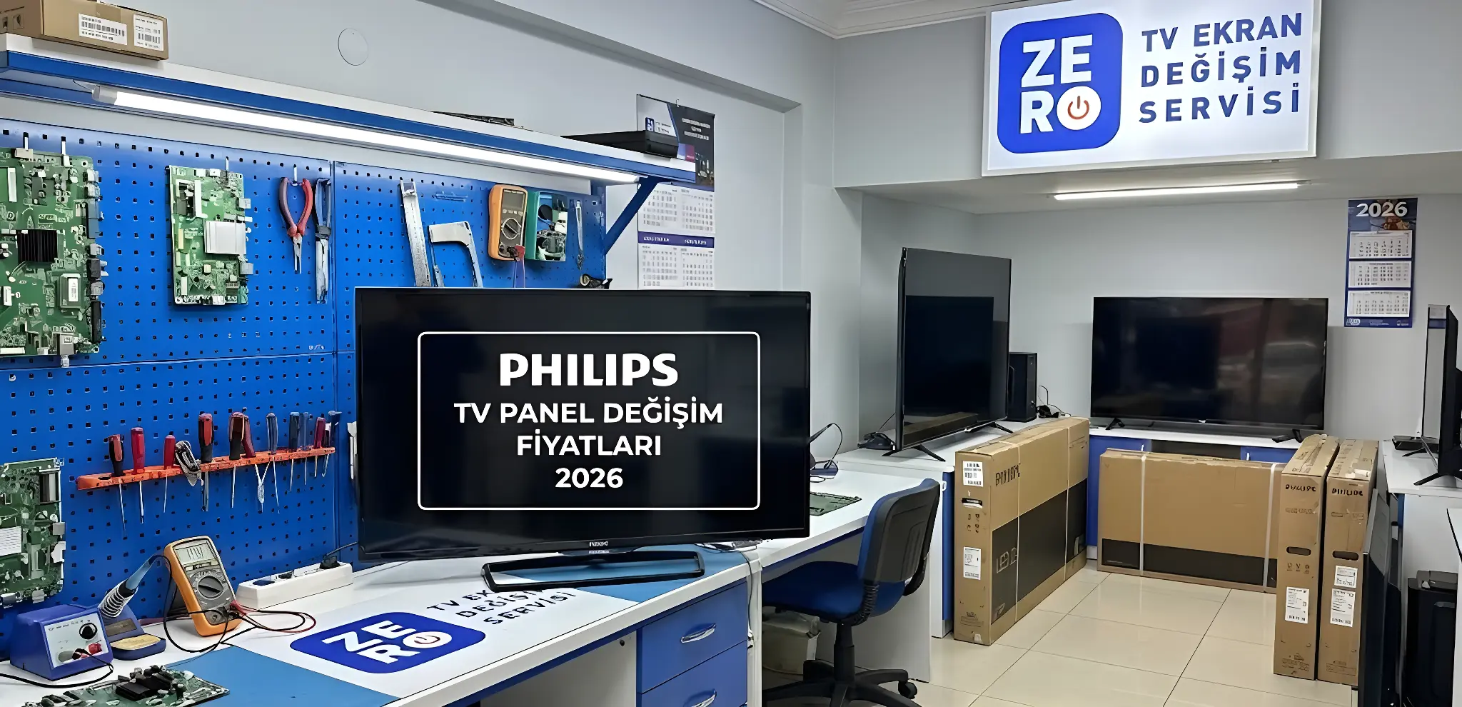 Zero Teknik tamir atölyesinde, üzerinde 2026 Philips TV panel değişim fiyatları yazılı olan bir televizyon ve tamir ekipmanları. Philips TV ekranı kırıldı sorunları için profesyonel servis ortamı.